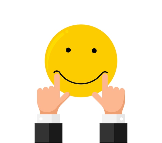 Estiramento de dedo de mão de empresário puxar os lábios da boca na emoção do sorriso emoji sorridente como classificação. feedback online reputação qualidade cliente revisão conceito estilo simples. ilustração vetorial eps