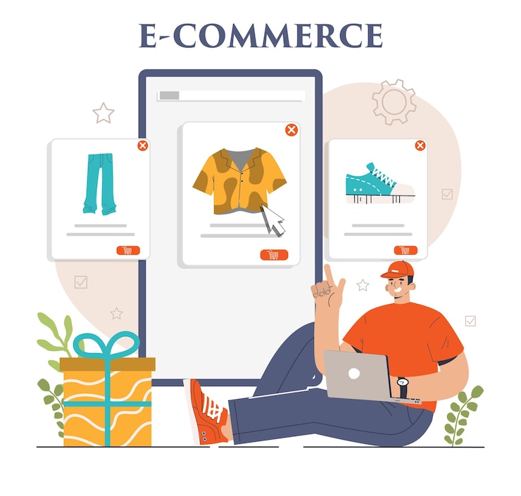 Vetor estore e comércio eletrônico empreendedor vendendo mercadorias e obtendo lucro na plataforma digital desenvolvimento de marca e promoção on-line dropshipping modelo de negócios ilustração vetorial plana