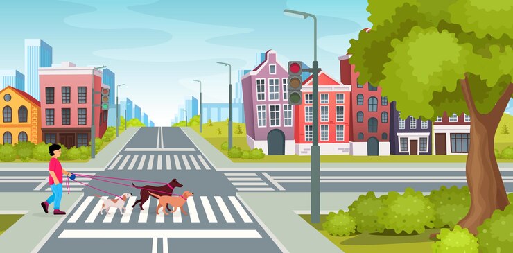 Vetor estrada da cidade com semáforos de encruzilhada menino passeando com cachorros do outro lado da estrada na encruzilhada