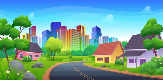 Estrada da estrada para a cidade com arranha-céus coloridos e a região do subúrbio abriga a paisagem dos desenhos animados