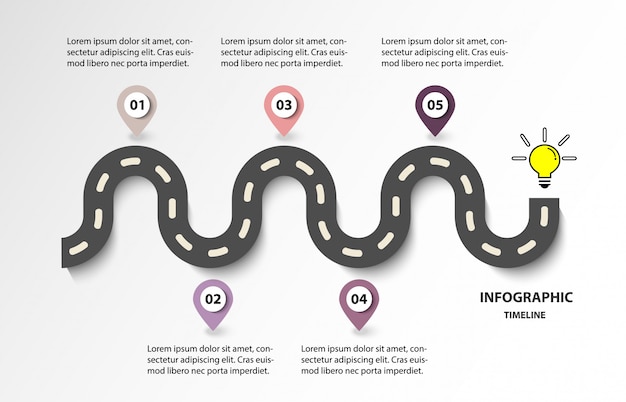 Estrada da linha do tempo de negócios com 5 opções para lâmpada. design moderno para o vetor.