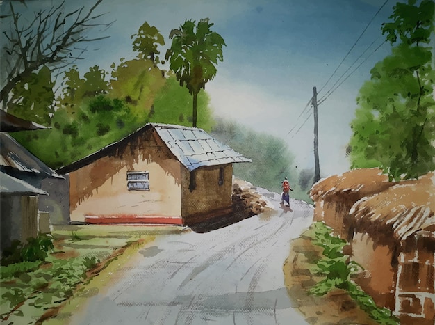 Estrada da vila pintada em aquarela com uma bela casa