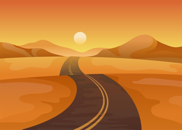 Estrada de asfalto no meio do deserto laranja ao pôr do sol paisagem vetor ilustração sobre fundo branco