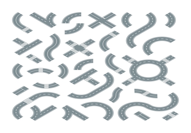 Estrada isométrica. formas de caminho de cidade de mapa de rua cruzando a marcação de estrada símbolos de jornada de movimento circular
