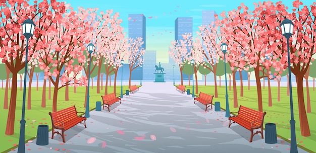 Estrada panorâmica sobre o parque primavera com bancos, árvores floridas, lanternas e um monumento. ilustração em vetor de rua da cidade de primavera em estilo cartoon.