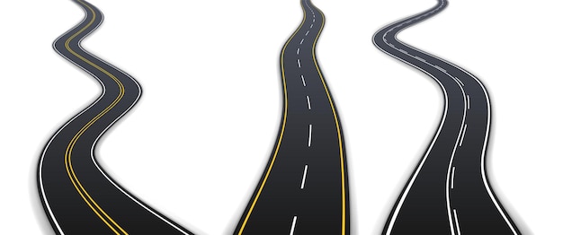 Estradas rodoviárias de asfalto realistas com marcação amarela e branca para condução. caminho do veículo definido isolado no fundo branco. ilustração vetorial 3d