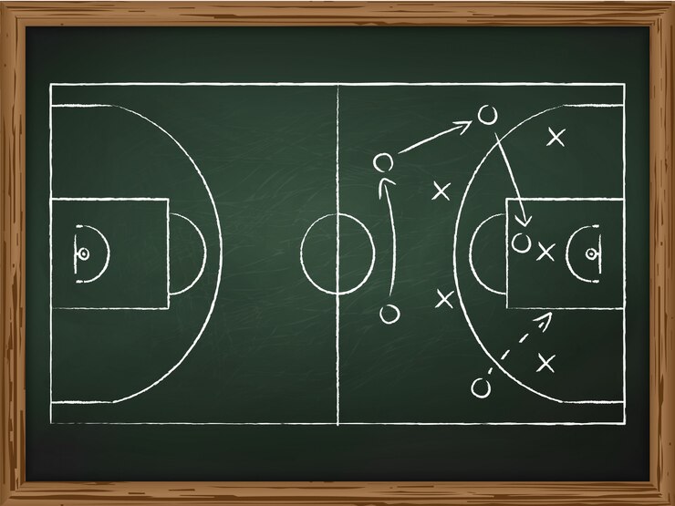 Vetor estratégia das táticas do jogo de basquetebol desenhada no quadro de giz. vista do topo