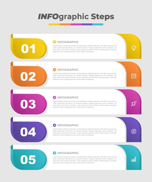 Vetor estratégia de infografia de negócios colorida em cinco passos.