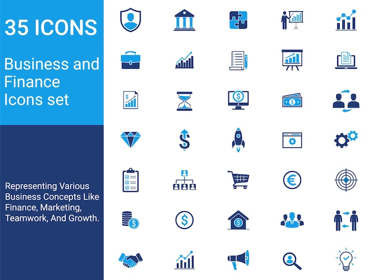Vetor estratégia de negócios icones set finanças estrategia de marketing ilustração vetorial de cores azuis e brancas