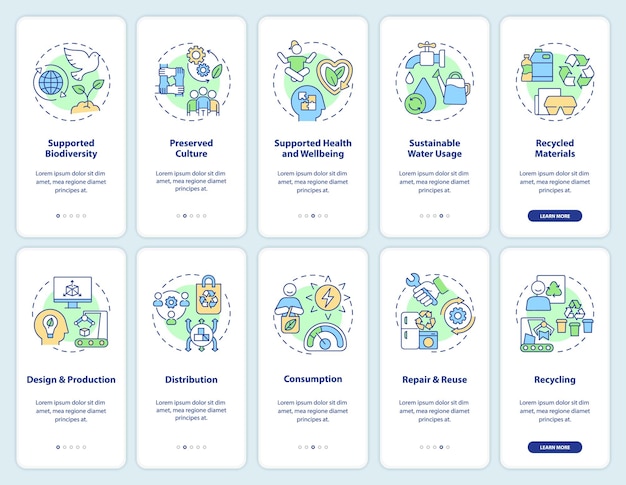 Vetor estratégias de economia circular que integram o conjunto de telas de aplicativos móveis