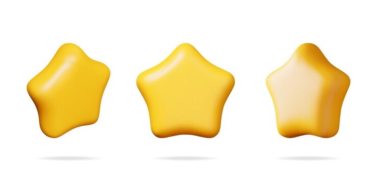 Vetor estrela amarela brilhante 3d em ângulos diferentes, comentários isolados, estrela redonda, coleção de renderização realista, avaliação, avaliação, qualidade e revisão, conquistas ou ilustração vetorial de meta