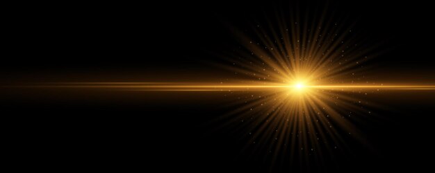 Estrela brilhante com efeito de luz horizontal e partículas voadoras em torno isoladas em fundo preto Flash brilhante dourado com raios dinâmicos e poeira Vector