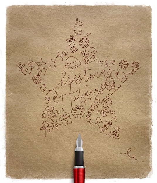 Estrela de brinquedo de árvore de natal, letras de férias, desenhando com uma linha de caneta no fundo do artesanato