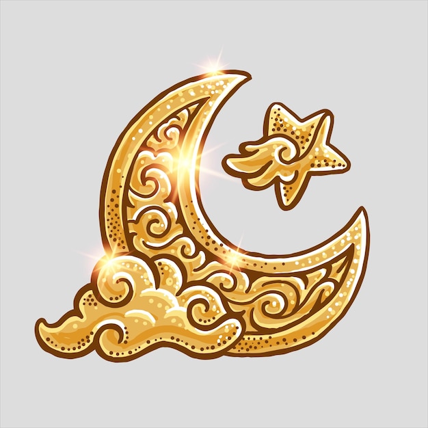 Estrela e nuvem douradas cintilantes da lua crescente