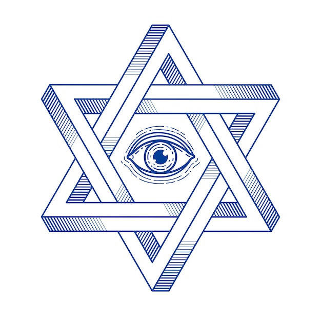 Vetor estrela hexagonal judaica com todo o olho de deus símbolo de religião de geometria sagrada criado a partir de formas impossíveis de triângulos bidimensionais, logotipo vetorial ou elemento de design de emblema.