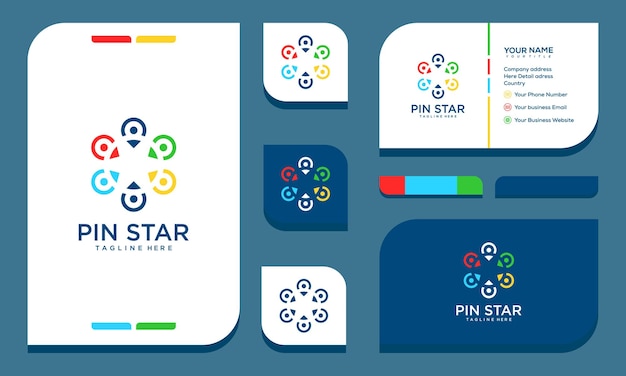 Estrela logotipo pino colorido design moderno e cartão de visita