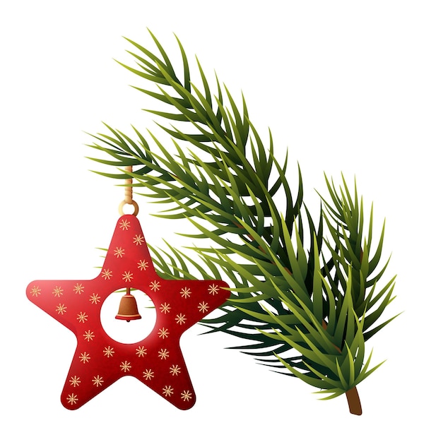 Estrela vermelha de natal no galho de árvore do abeto. decoração de férias