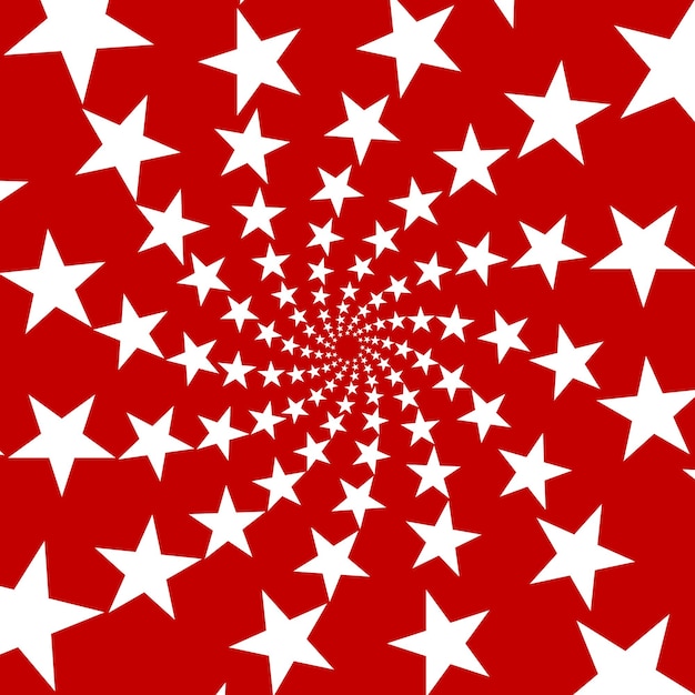 Estrelas brancas alinhadas no centro com uma ligeira curva espiral e padrão de fundo vermelho