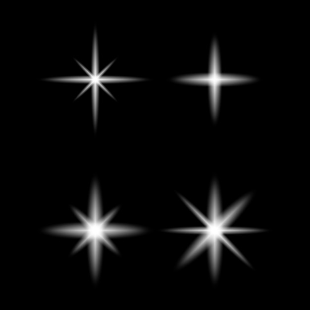 Estrelas brancas brilhantes Efeito de luz brilhante Fundo preto abstrato Ícones mínimos de explosão de estrelas