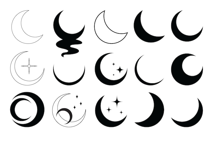 Vetor estrelas da lua fases da lua cristais símbolos mágicos vetor definido em estilo oriental linha desenhada à mão mal