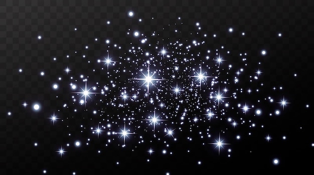 Estrelas de confete de ouro de natal estão caindo, estrelas brilhantes voam pelo céu noturno em meio ao reflexo dos pontos de luz do espaço. fundo de férias. brilho mágico.