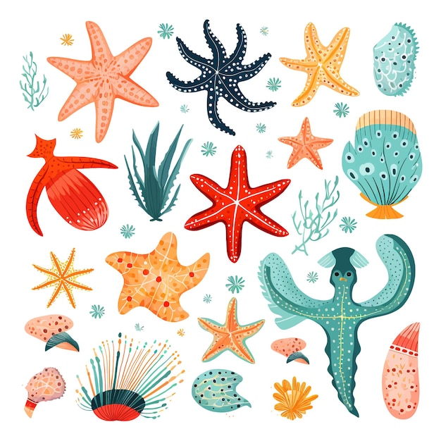 Estrelas de mar desenhadas à mão conchas caranguejos cavalos-marinhos ilustração vetorial de desenho animado clipart fundo branco