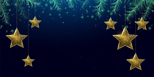 Estrelas de Natal de estrutura de arame e galhos de árvores de Natal estilo poli baixo banner de Ano Novo Ilustração em vetor 3d moderna abstrata em fundo azul