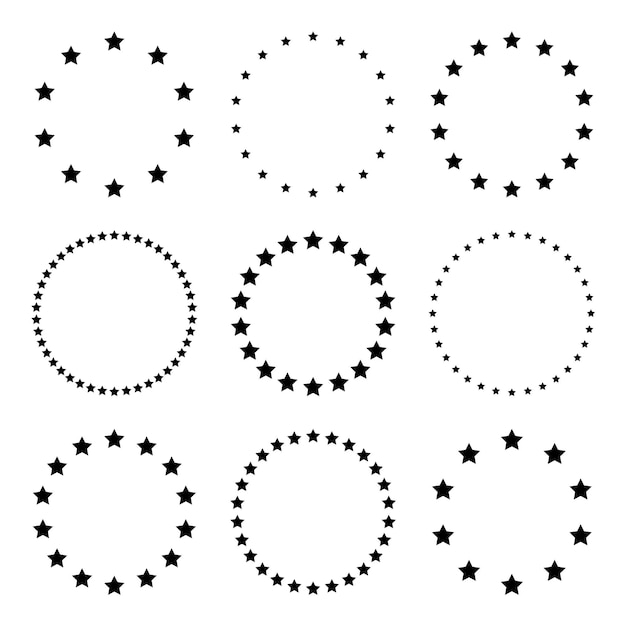 Vetor estrelas de vários tamanhos dispostas em círculo fronteira redonda da moldura forma de estrela preta símbolo simples elementos de design ornamento ilustração vetorial