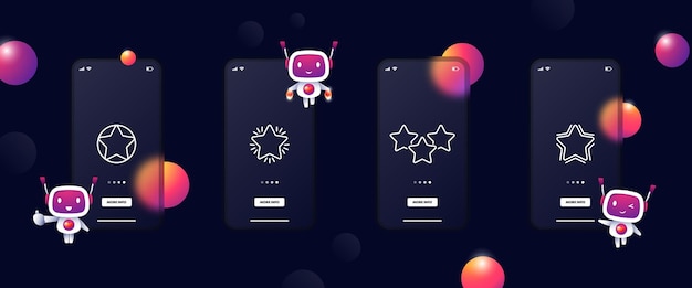 Estrelas definir ícone taxa de classificação, o brilho do serviço brilha como avaliar o conceito de feedback glassmorphism ui telas de aplicativos de telefone com robôs ícone de linha vetorial para negócios e publicidade