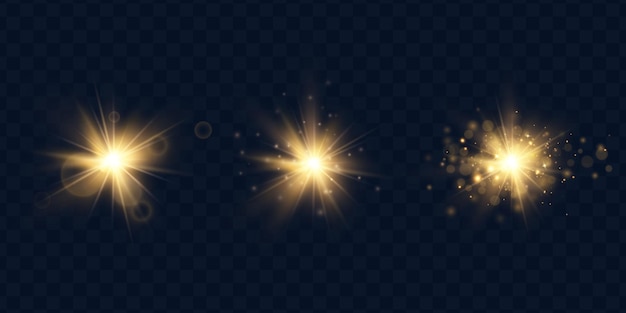 Estrelas douradas brilhantes. efeitos de luz, brilho, brilho, explosão, luz dourada. ilustração vetorial