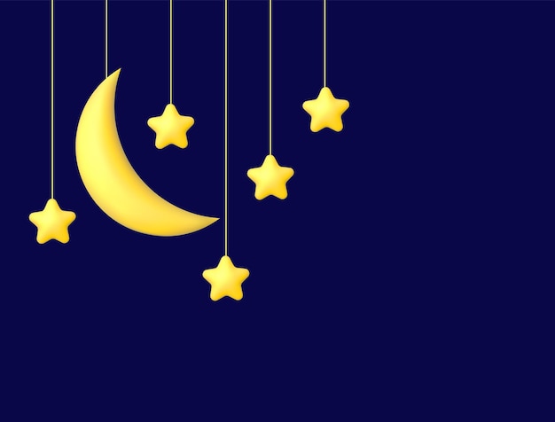Estrelas douradas da lua crescente e estilo 3d das nuvens brancas isoladas no fundo azul Projeto de fundo dos sonhos da canção de ninar do sonho para o cartaz do livreto da bandeira Ilustração do vetor