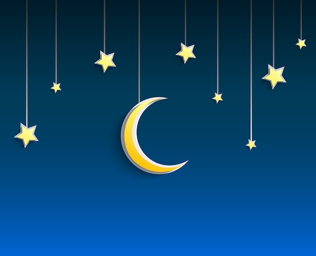 Estrelas e lua crescente penduraram uma corda no fundo azul