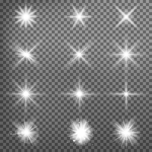 Estrelas e luzes brilhantes. isolado em fundo preto transparente. ilustração vetorial, eps 10.