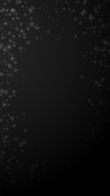 Estrelas mágicas escassas de fundo de Natal. Flocos de neve voadores sutis e estrelas em fundo preto. Modelo de sobreposição de floco de neve de prata de inverno admirável. Ilustração vertical memorável.