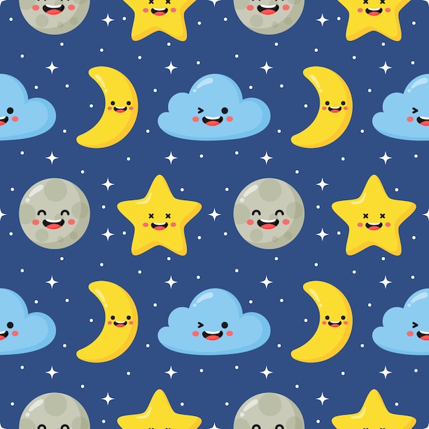 estrelas sem costura padrão, lua e nuvens. papel de parede kawaii em fundo azul.