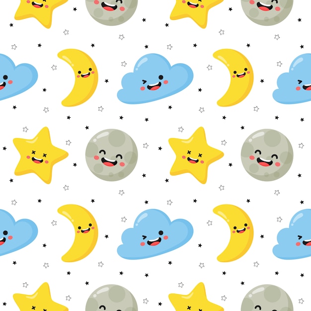 estrelas sem costura padrão, lua e nuvens. papel de parede kawaii em fundo branco.