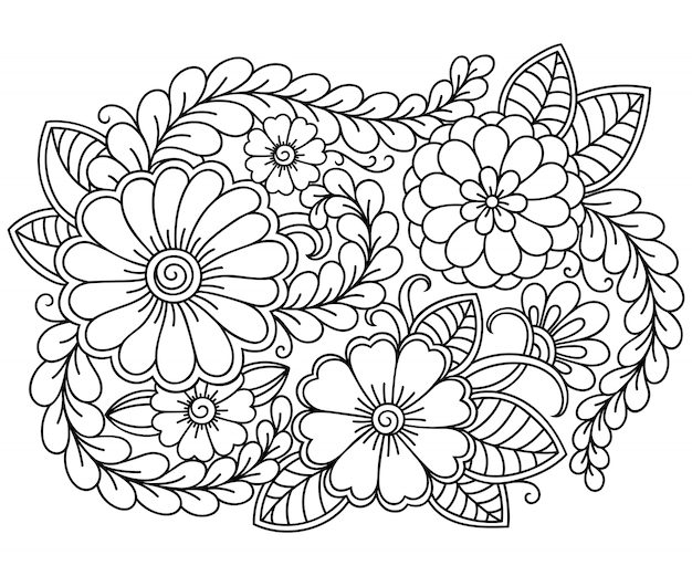 Vetor estrutura de tópicos padrão floral no estilo mehndi para colorir a página do livro. anti-stress para adultos e crianças. doodle ornamento em preto e branco.