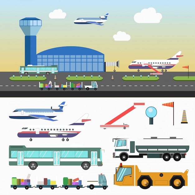 Vetor estrutura do aeroporto e veículos especiais definidos em branco