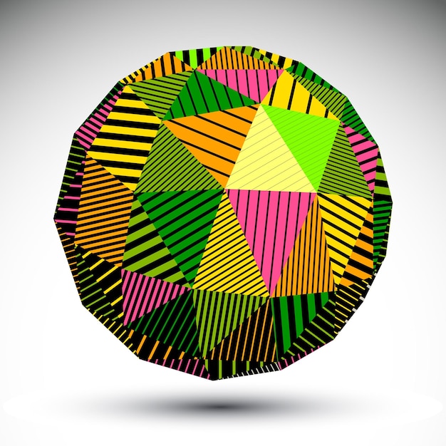 Vetor estrutura esférica geométrica vívida com linhas paralelas. objeto moderno listrado brilhante, ciência e tecnologia orbed figura isolada no fundo branco.