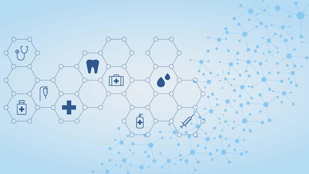 Estrutura hexagonal e molecular abstrata para formação médica com ícones Conceito de saúde