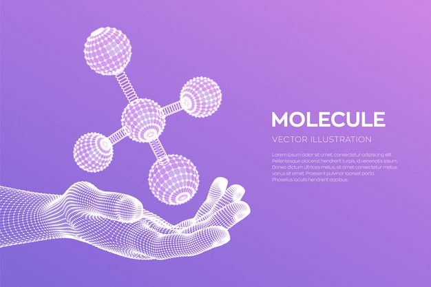 Estrutura molecular. DNA, átomo na mão. Moléculas e fórmulas químicas.