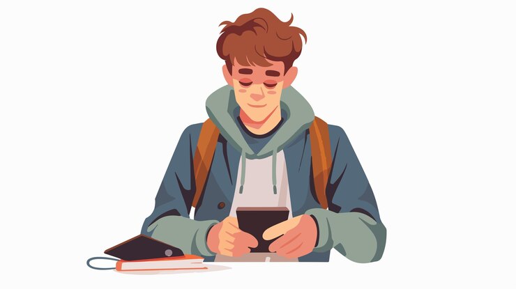 Vetor estudante adolescente inteligente caracter masculino estudando exibição de tela