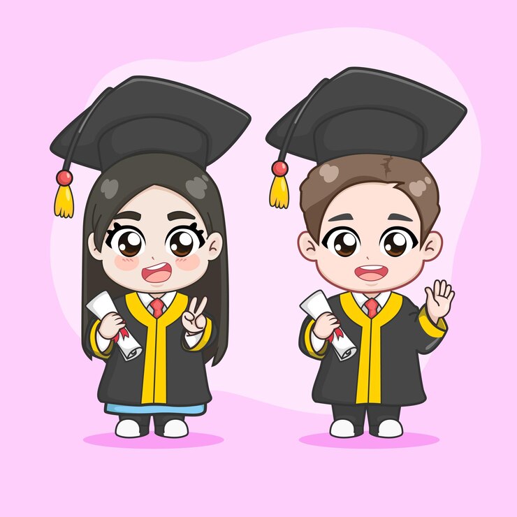 Vetor estudante bonito na ilustração dos desenhos animados do dia da formatura conjunto menino e menina 01