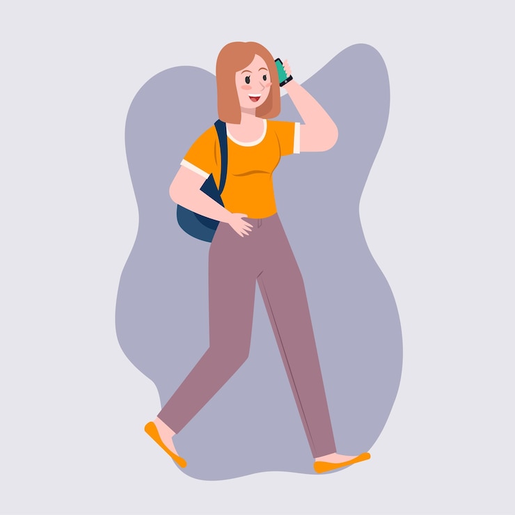 Vetor estudante com mochila caminhando e chamando alguém por telefone conceito de personagem feminina educação mulher de volta à escola faculdade ou universidade ilustração vetorial de desenho animado