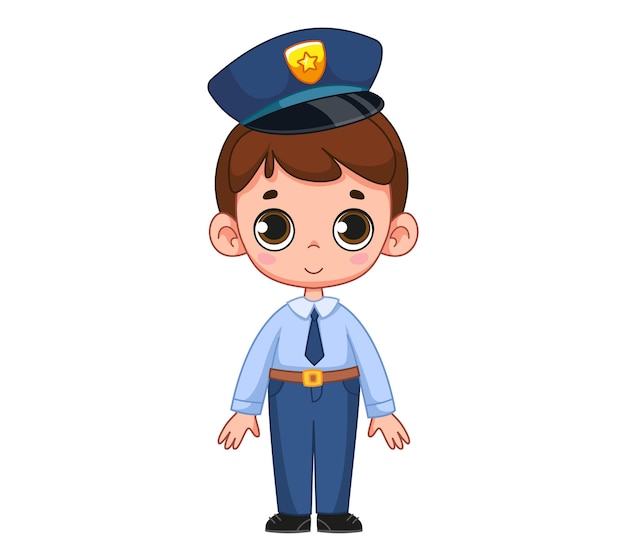 Estudante de menino bonito dos desenhos animados vestido como um policial. O conceito de escolher uma profissão por um estudante. Ilustração em vetor de um personagem em estilo infantil. Clipart engraçado isolado. policial.