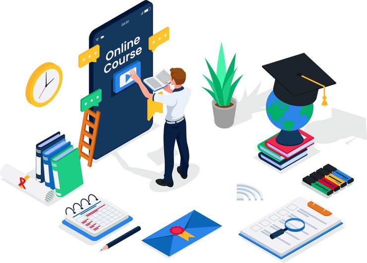 Estudante do sexo masculino acessa vídeo de curso on-line no conceito de ilustração de educação on-line isométrica de dispositivo de smartphone Macho com livro de globo de chapéu de formatura de tela de telefone celular grande Vetor