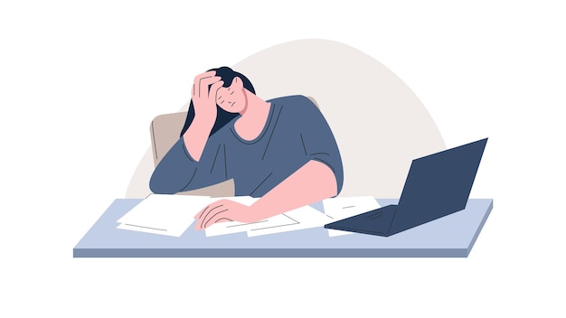 Estudante dormindo na mesa Trabalhadora cansada dormindo no local de trabalho Burnout profissional e prazo Personagem de desenho animado plano no estudo Ilustração da mesa do trabalhador cansado