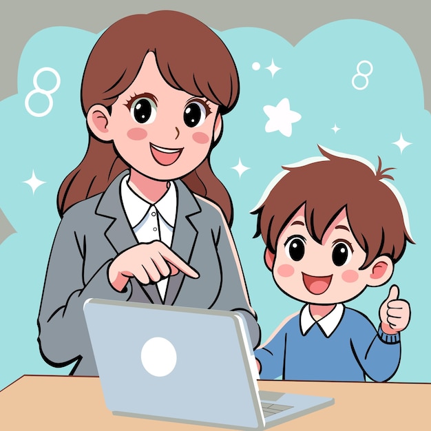 Estudante e professor com aula multimídia aula de computador ilustração vetorial