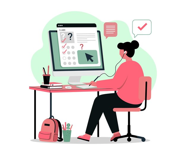 Estudante fazendo com confiança o teste on-line Ilustração de vetor plano