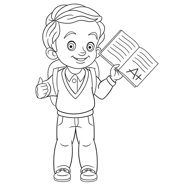 Vetor estudante feliz com excelentes resultados de teste. página do livro de colorir dos desenhos animados para crianças.